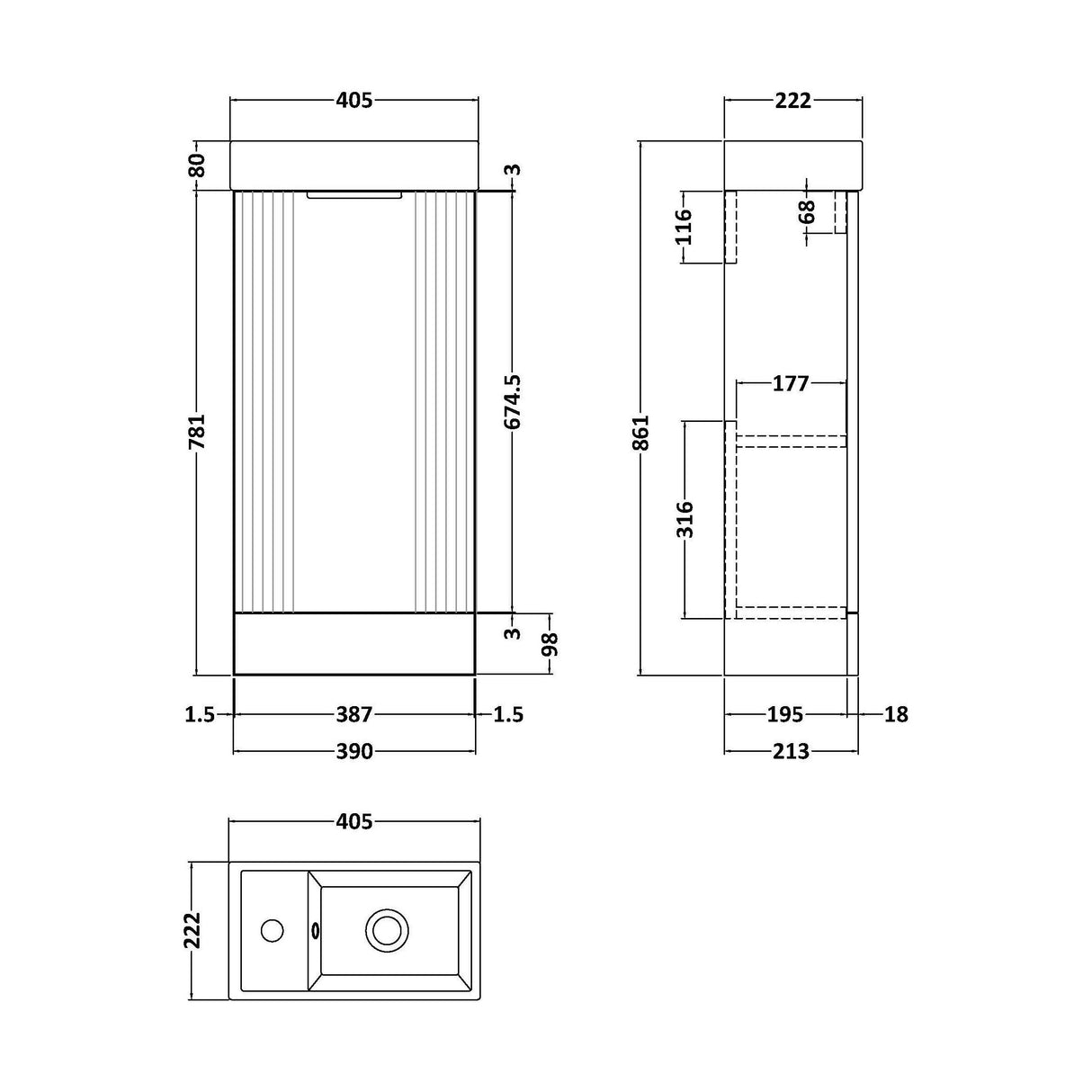 [BFDE120] Belvide Retro Floor Standing  Bathroom Cloakroom Vanity Basin Unit - 781 x 400 x 222mm - Multiple Colours - Technical Drawing
