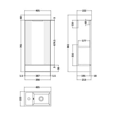 [BFDE220] Belvide Retro Floor Standing  Bathroom Cloakroom Vanity Basin Unit - 781 x 400 x 222mm - Multiple Colours - Technical Drawing