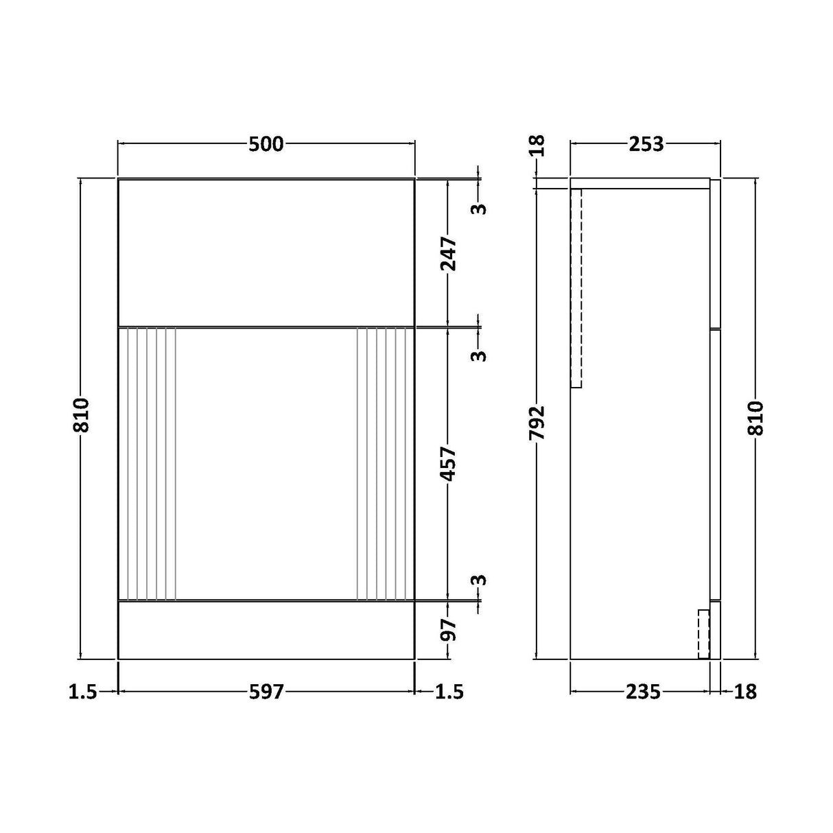[BFDE241] Belvide Modern Bathroom Retro Floor Standing WC Back to Wall Toilet Unit, 500mm, Choice of Colour - Technical Drawing