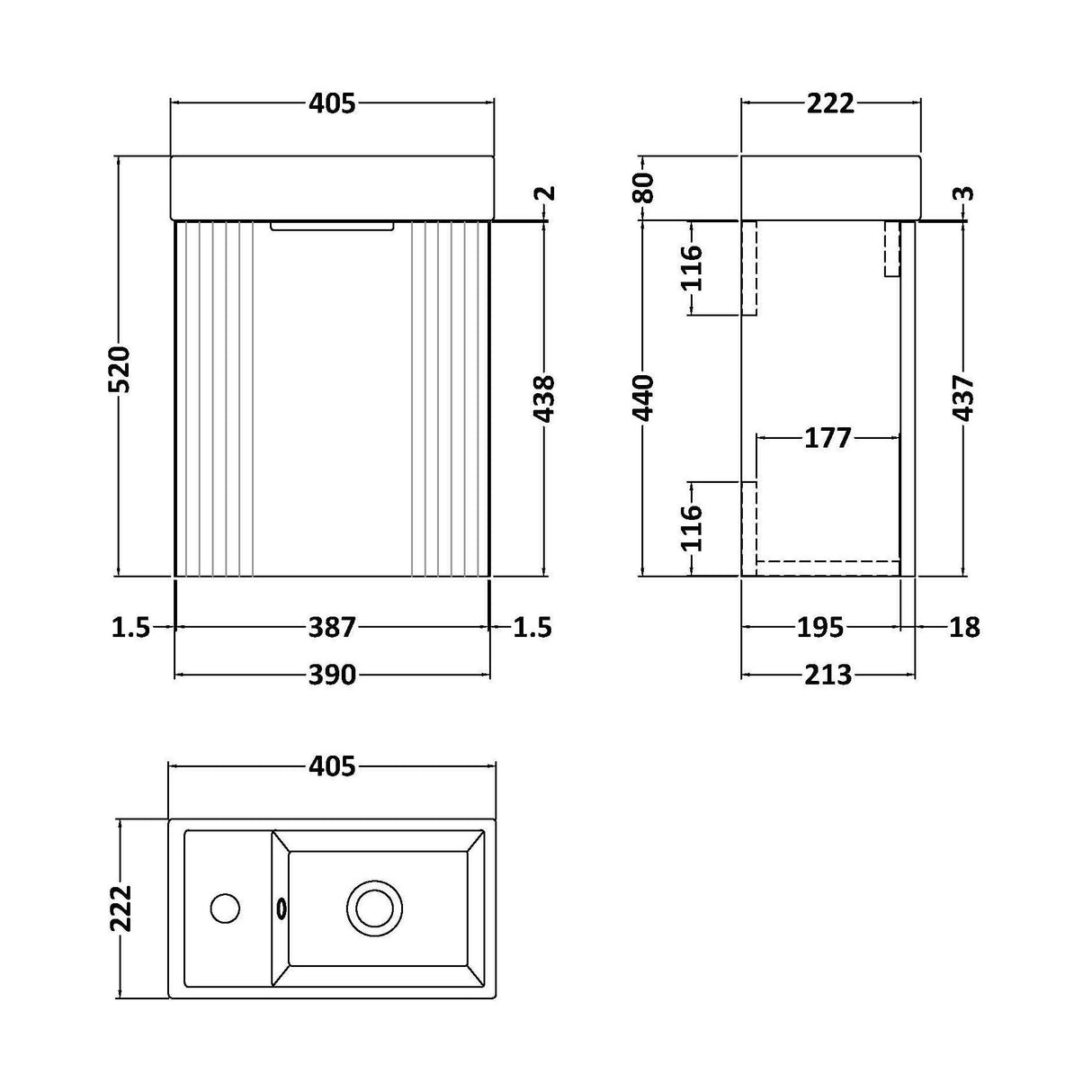 [BFDE390] Belvide Retro Wall Hung Bathroom Cloakroom Vanity Basin Unit 438 x 400 x 222mm - Multiple Colours - Technical Drawing