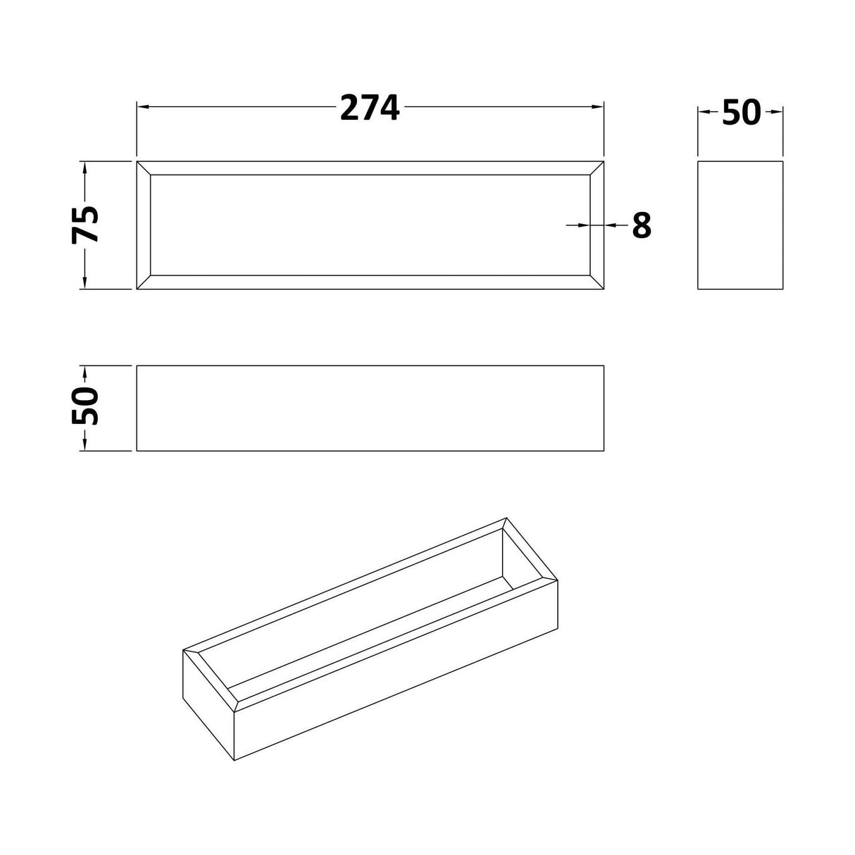 [BFDS300] Straight Organiser Insert 274x75x50 - Technical Drawing