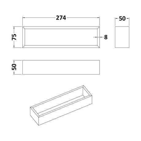 [BFDS300] Straight Organiser Insert 274x75x50 - Technical Drawing