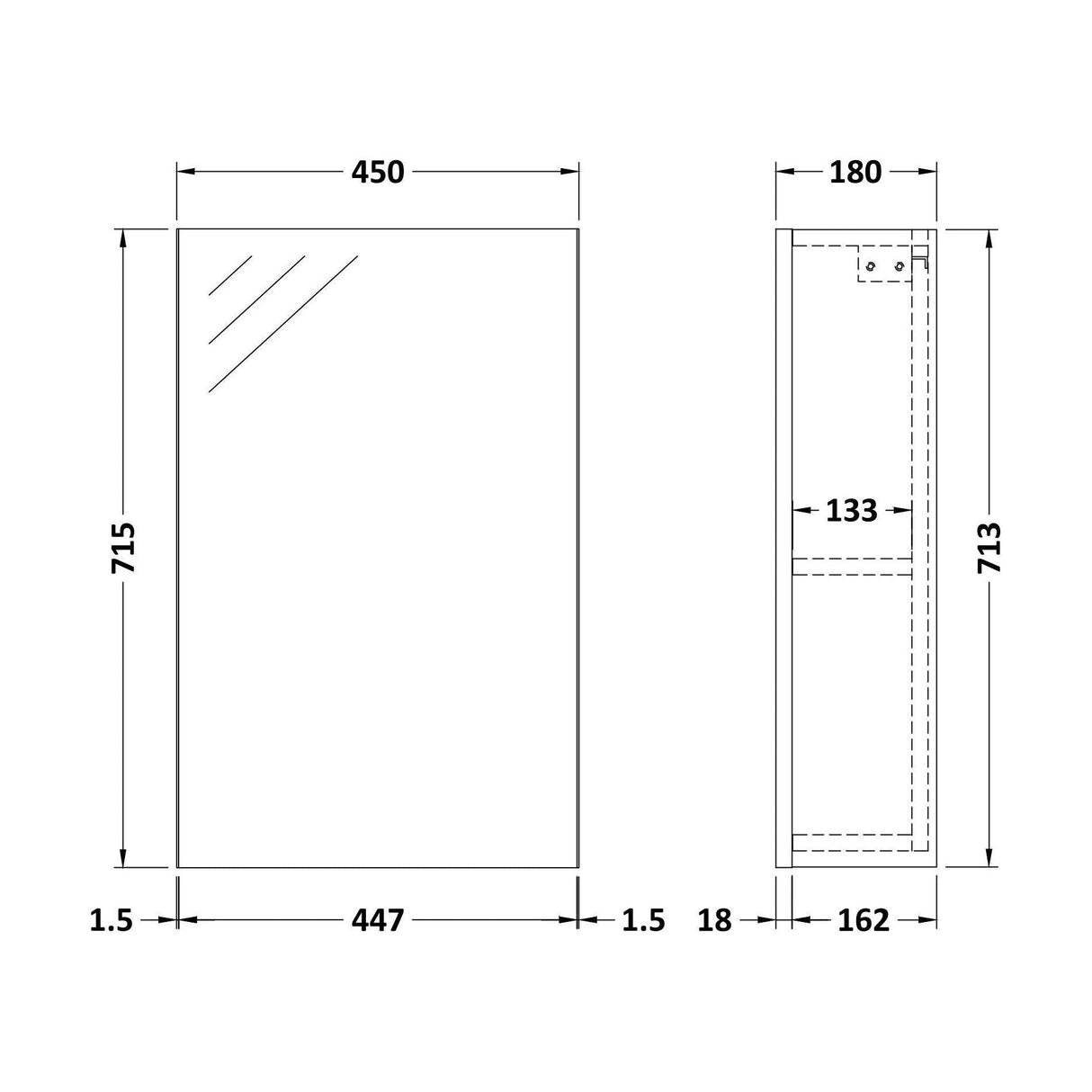 [BFDT116] 450 Single Mirror Cabinet (180mm Deep) - Technical Drawing