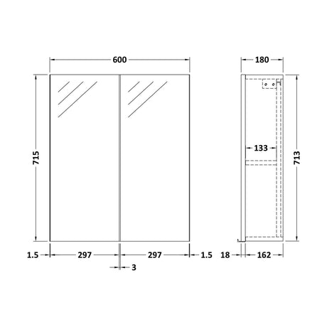 [BFDT1417] Balterley Contemporary Bathroom Wall Hung 2 Door Mirror Cabinet, Dark Grey, 600mm - Technical Drawing