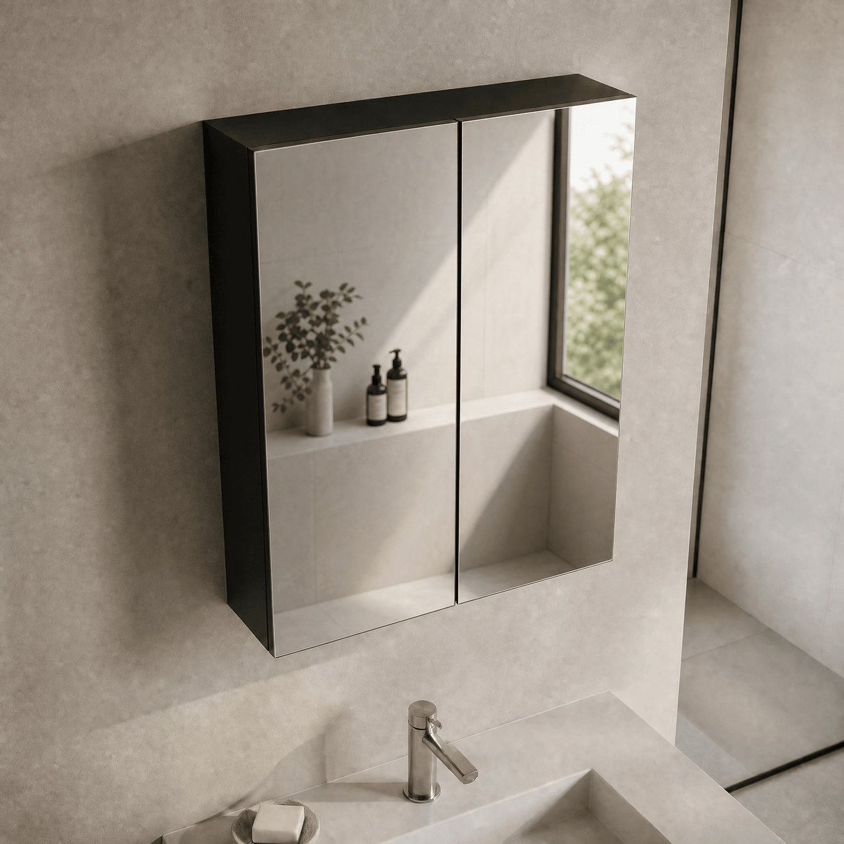 [BFDT1417] Balterley Contemporary Bathroom Wall Hung 2 Door Mirror Cabinet, Dark Grey, 600mm - Lifestyle 2