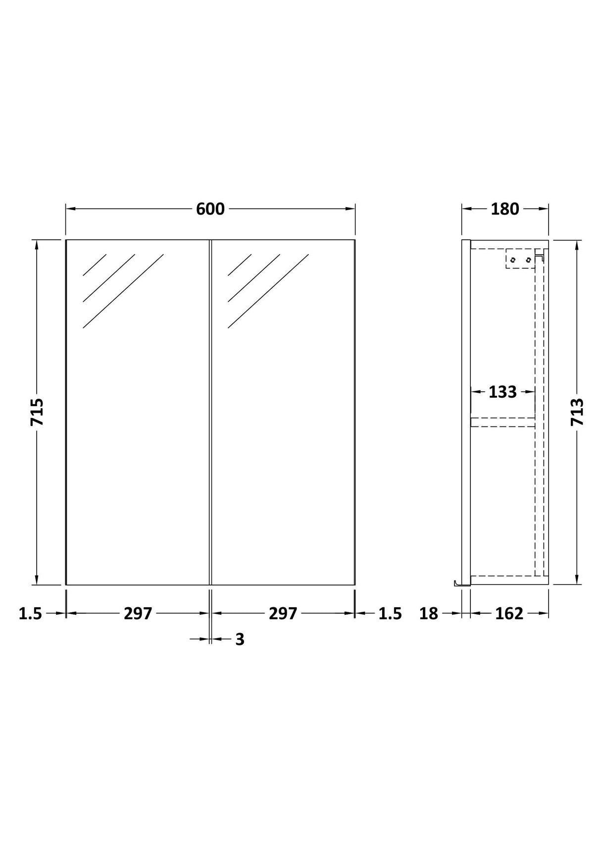 [BFDT3217] Balterley 600mm 2 Door Bathroom Mirror Cabinet - Choice of Colour - Technical Drawing