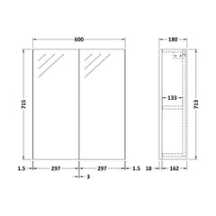 [BFDT517] Balterley 600mm 2 Door Bathroom Mirror Cabinet - Choice of Colour - Technical Drawing