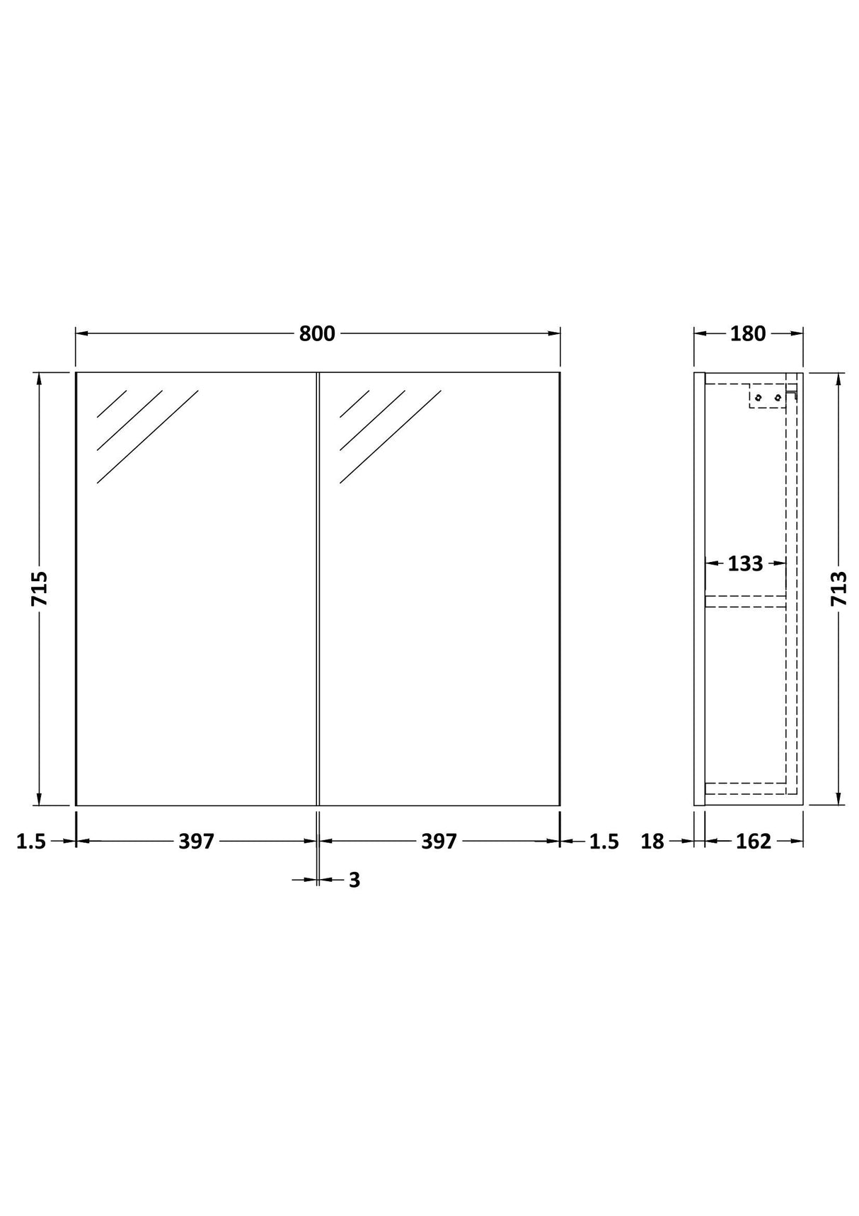 [BFDT519] Balterley 800mm 2 Door Mirror Cabinet - Choice of Colour - Technical Drawing