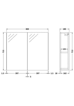 [BFDT519] Balterley 800mm 2 Door Mirror Cabinet - Choice of Colour - Technical Drawing