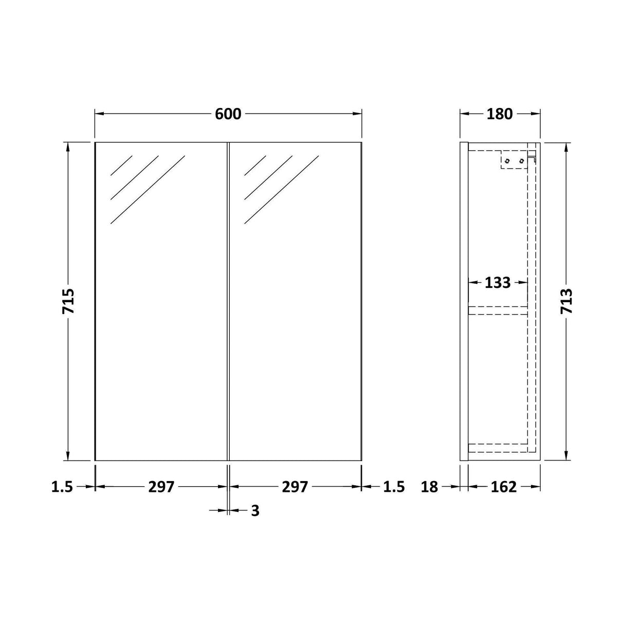 [BFDT617] Balterley 600mm 2 Door Bathroom Mirror Cabinet - Choice of Colour - Technical Drawing