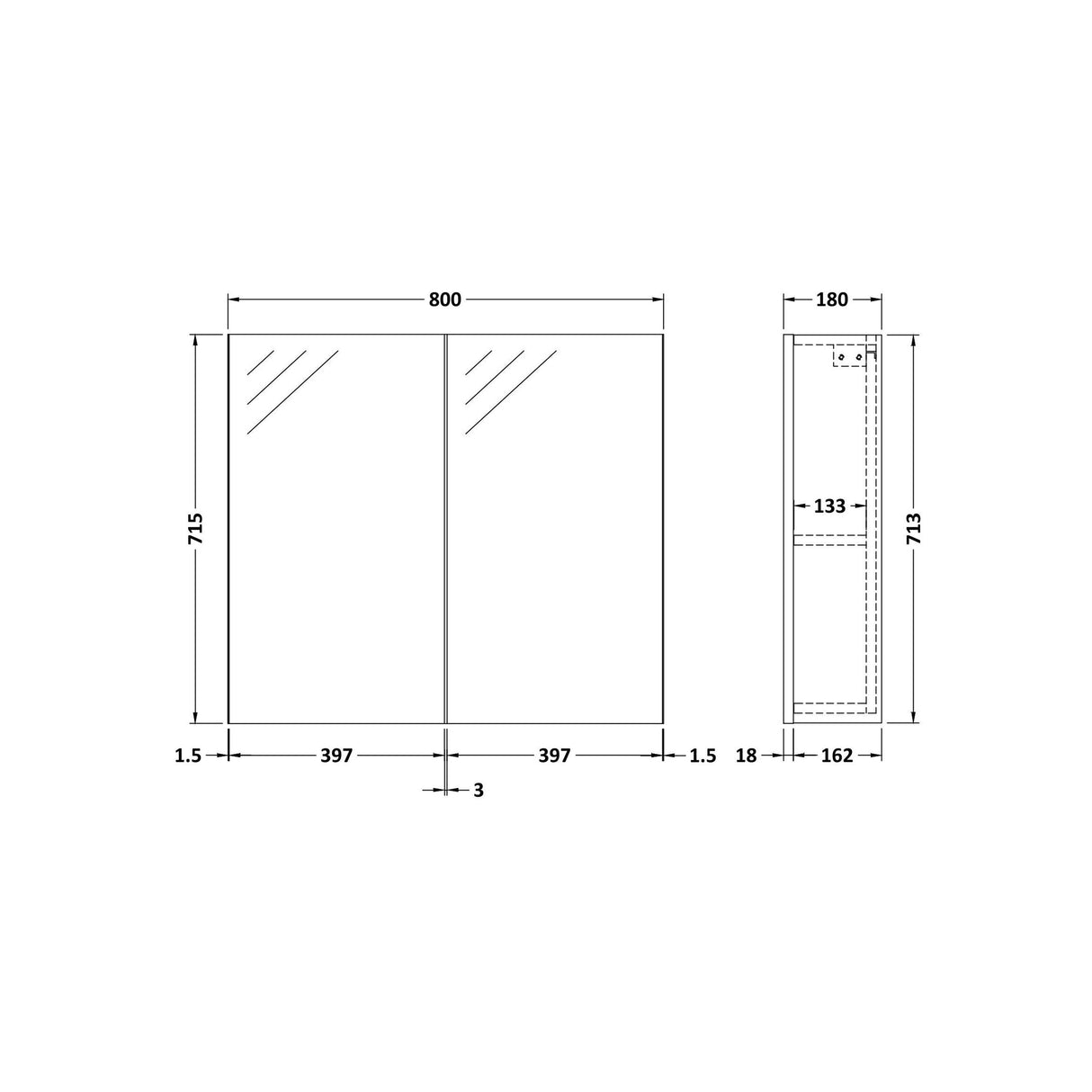 [BFDT619] Balterley 800mm 2 Door Mirror Cabinet - Choice of Colour - Technical Drawing