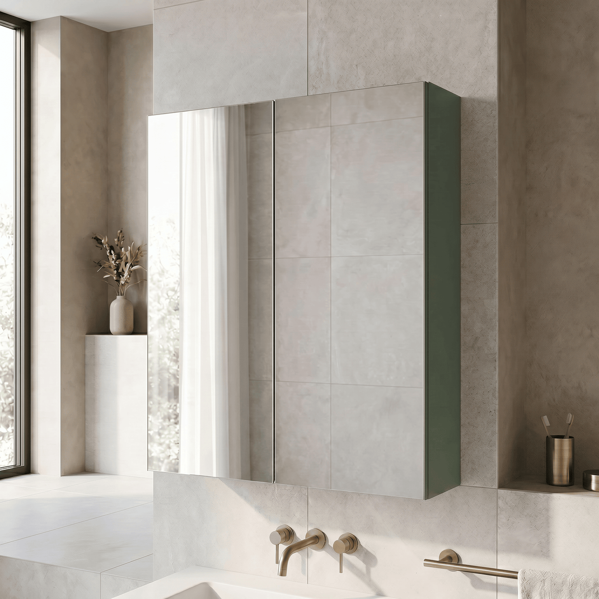 [BFDT817] Balterley Level Contemporary Bathroom Wall Hung 2 Door Mirror Cabinet, Satin Green, 600mm - Lifestyle 1