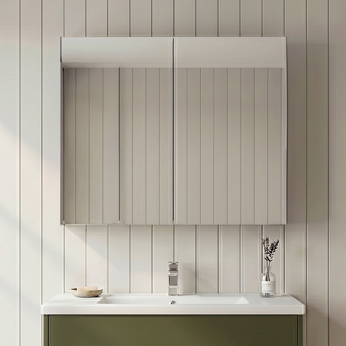 [BFDT817] Balterley Level Contemporary Bathroom Wall Hung 2 Door Mirror Cabinet, Satin Green, 600mm - Silo