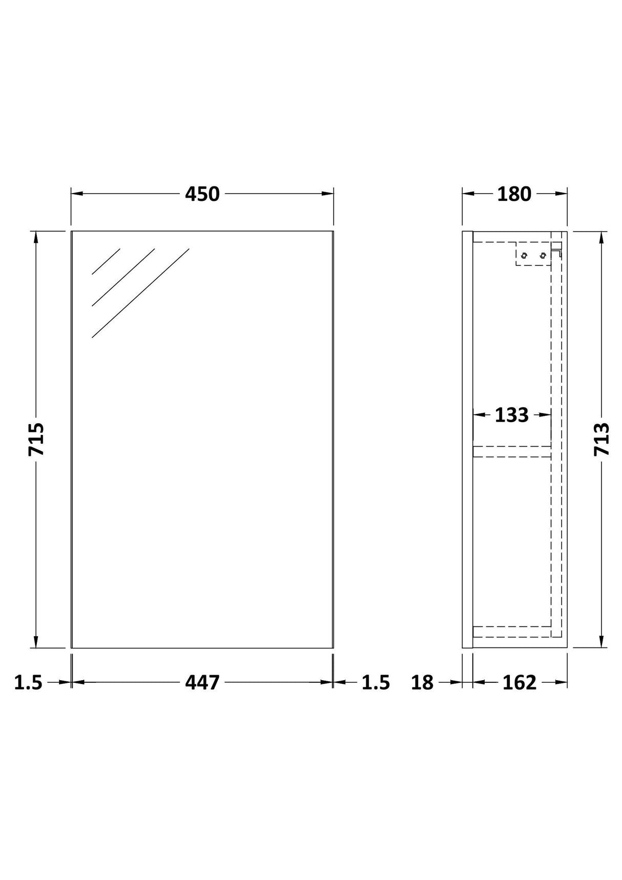 [BFDT916] Balterley 450mm Single Door Mirror Cabinet - Choice of Colour - Technical Drawing