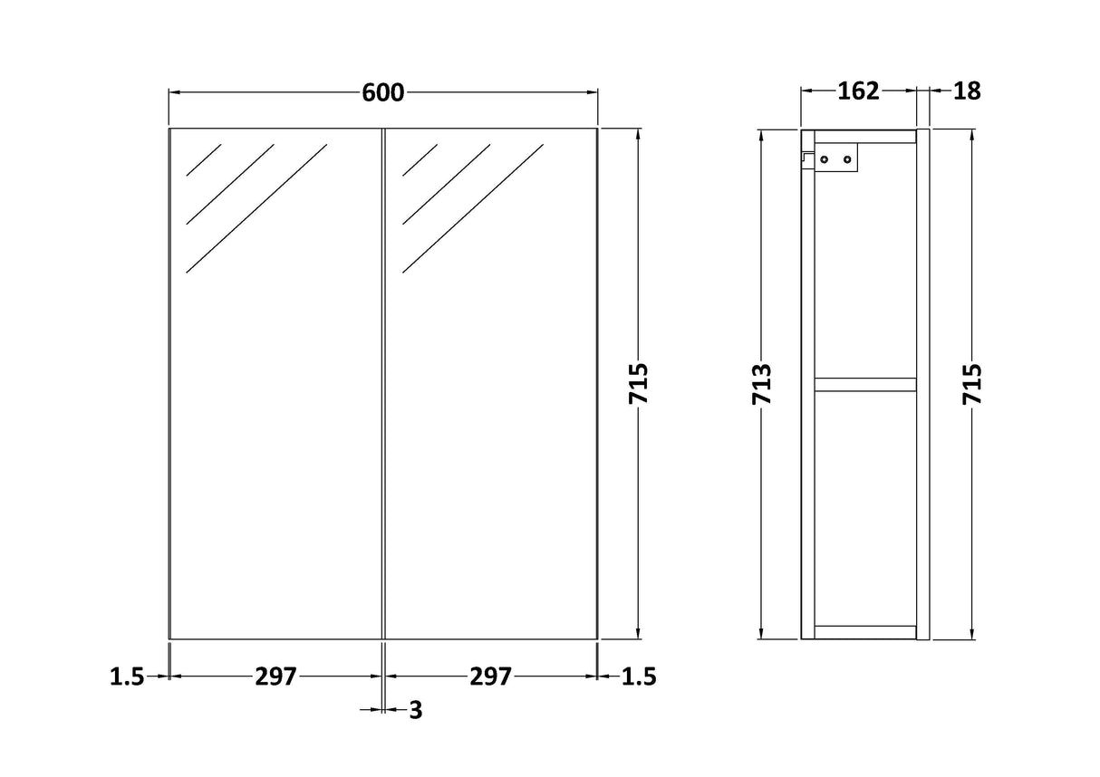 [BFDT917] Balterley 600mm 2 Door Bathroom Mirror Cabinet - Choice of Colour - Technical Drawing