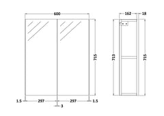 [BFDT917] Balterley 600mm 2 Door Bathroom Mirror Cabinet - Choice of Colour - Technical Drawing