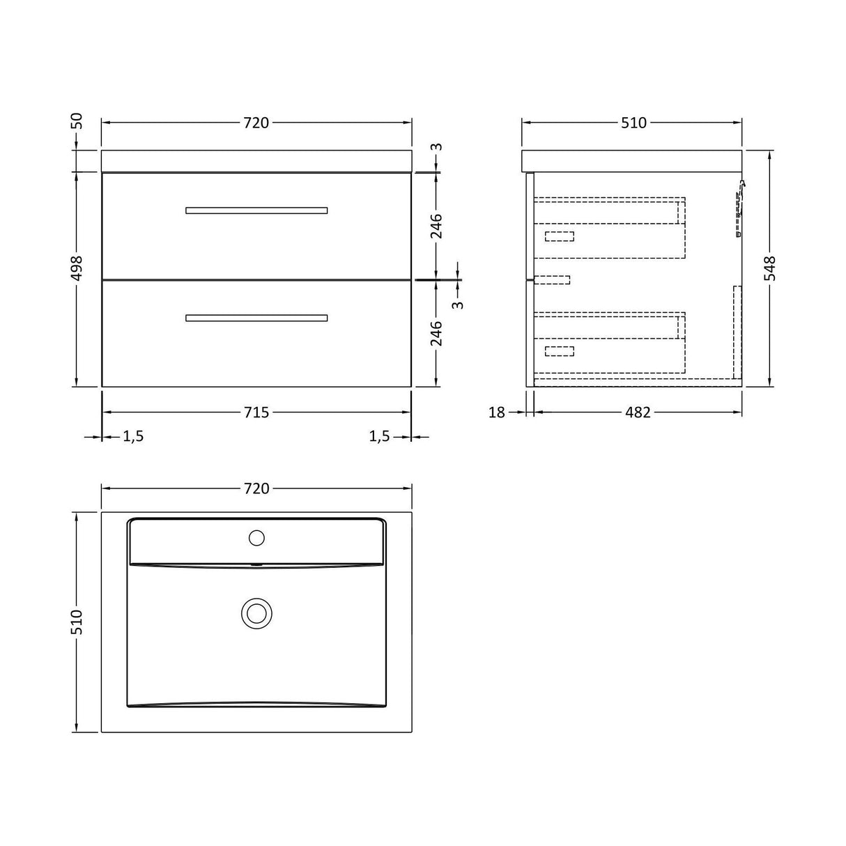 [BFDU006] Wall Hung 2 Drawer Vanity Unit with Polymarble Basin, 720mm - Gloss Grey - Technical Drawing