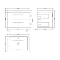 [BFDU006] Wall Hung 2 Drawer Vanity Unit with Polymarble Basin, 720mm - Gloss Grey - Technical Drawing