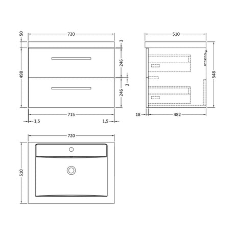 [BFDU006] Wall Hung 2 Drawer Vanity Unit with Polymarble Basin, 720mm - Gloss Grey - Technical Drawing