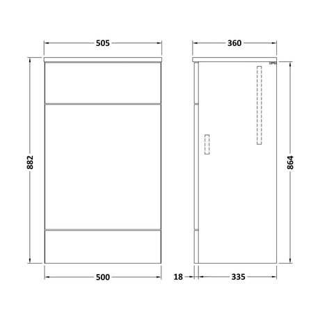 [BFDY105A] Alrewas Contemporary Floor Standing WC Unit with Coordinating Worktop, Gloss White, 500mm - Technical Drawing
