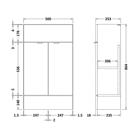[BFDY105F] 500 Vanity Unit (255mm Deep) - Technical Drawing