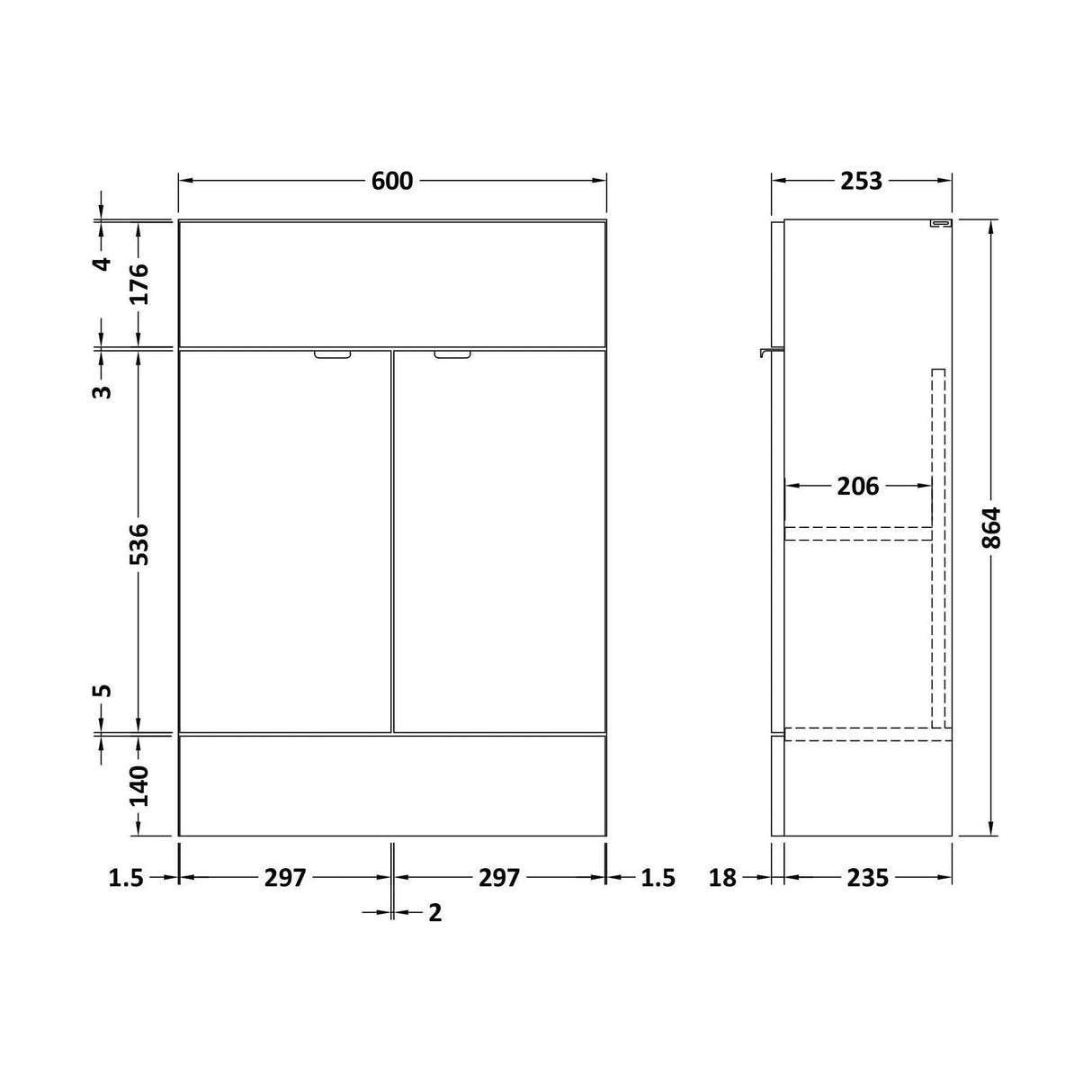 [BFDY107F] 600 Vanity Unit (255mm Deep) - Technical Drawing