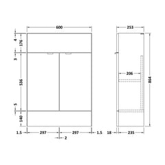 [BFDY107F] 600 Vanity Unit (255mm Deep) - Technical Drawing