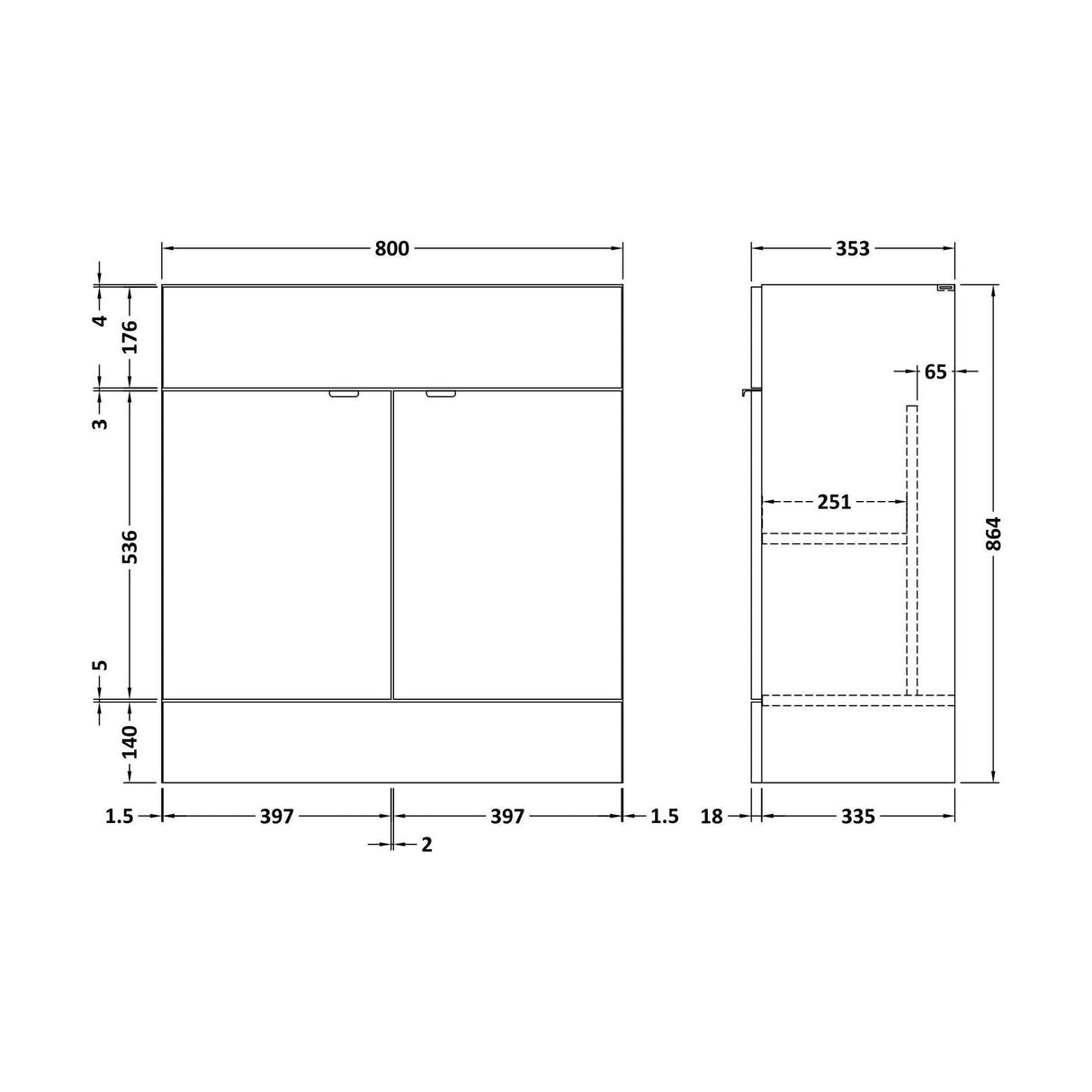 [BFDY109F] 800 Vanity Unit (355mm Deep) - Technical Drawing