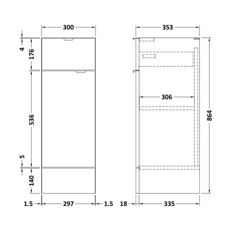 [BFDY122D] 300 Drawer Lined Unit GLWHT - Technical Drawing