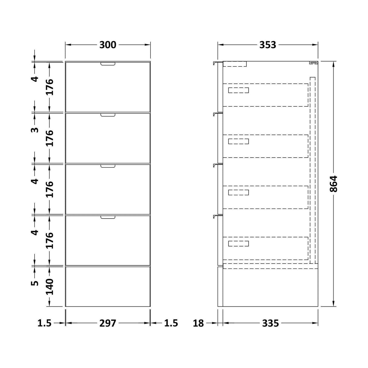 [BFDY132D] 300 Drawer Unit GLWHT - Technical Drawing