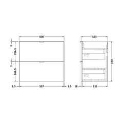 [BFDY137] 600 2-DRAWER WALL HUNG UNIT - Technical Drawing