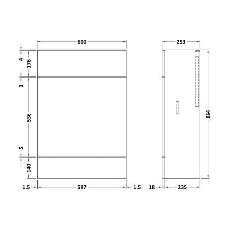 [BFDY147] 600 WC Unit (255mm Deep) - Technical Drawing