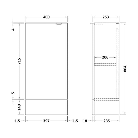 [BFDY183] 400 Base Unit (255mm Deep) - Technical Drawing