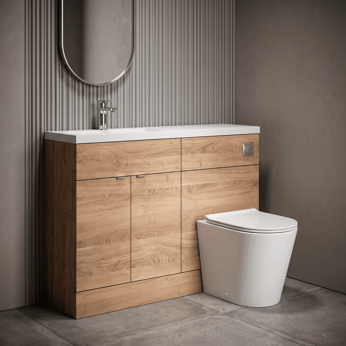 [BFDY3001] Alrewas Contemporary 2 Door Floor Standing Compact Combination Unit with Basin, Bleached Oak, 1100mm - Lifestyle 1