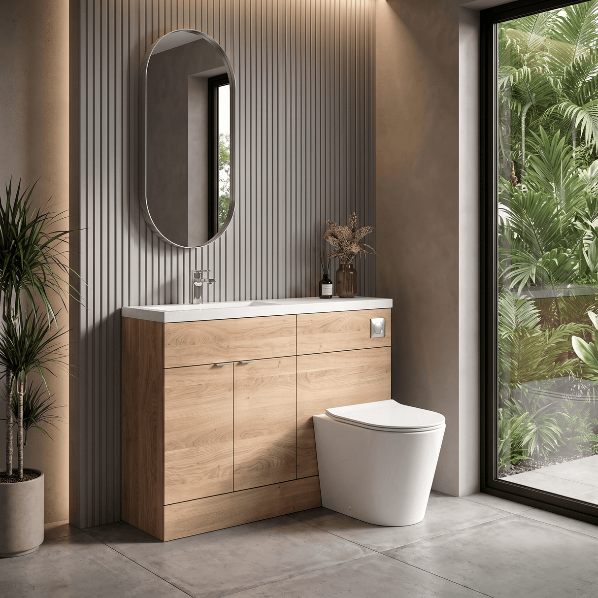 [BFDY3001] Alrewas Contemporary 2 Door Floor Standing Compact Combination Unit with Basin, Bleached Oak, 1100mm - Lifestyle 3