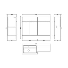 [BFDY3002] Alrewas Contemporary 2 Door Left-Hand Floor Standing Combination Unit with Basin, Bleached Oak, 1100mm - Technical Drawing