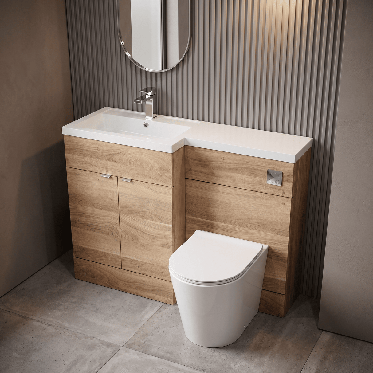 [BFDY3002] Alrewas Contemporary 2 Door Left-Hand Floor Standing Combination Unit with Basin, Bleached Oak, 1100mm - Lifestyle 2