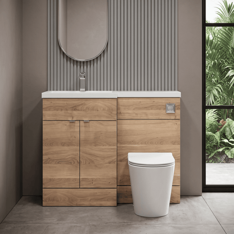 [BFDY3002] Alrewas Contemporary 2 Door Left-Hand Floor Standing Combination Unit with Basin, Bleached Oak, 1100mm - Silo