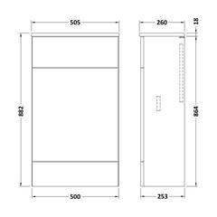 [BFDY3004A] Alrewas Contemporary Floor Standing WC Unit with Coordinating Worktop, 500mm, Choice of Colour - Technical Drawing