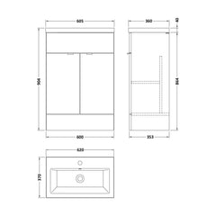 [BFDY3007A] Alrewas Contemporary 2 Door Floor Standing Vanity Unit with Basin, 600mm, Choice of Colour - Technical Drawing