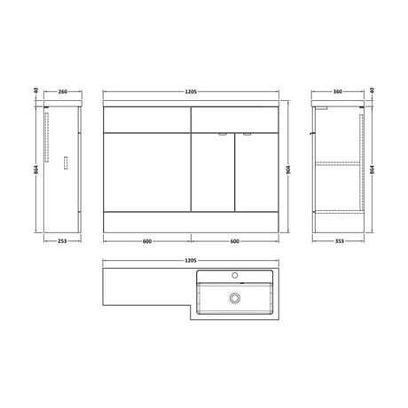 [BFDY3010] Alrewas Contemporary 2 Door Right-Hand Floor Standing Combination Unit with Basin, Bleached Oak, 1200mm - Technical Drawing