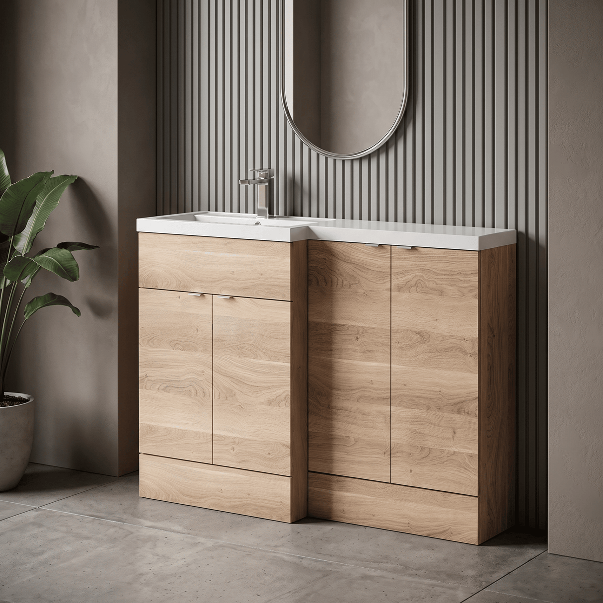 [BFDY3011] Alrewas Contemporary 2 Door Left-Hand Floor Standing Combination Unit with Basin, Bleached Oak, 1200mm - Lifestyle 1