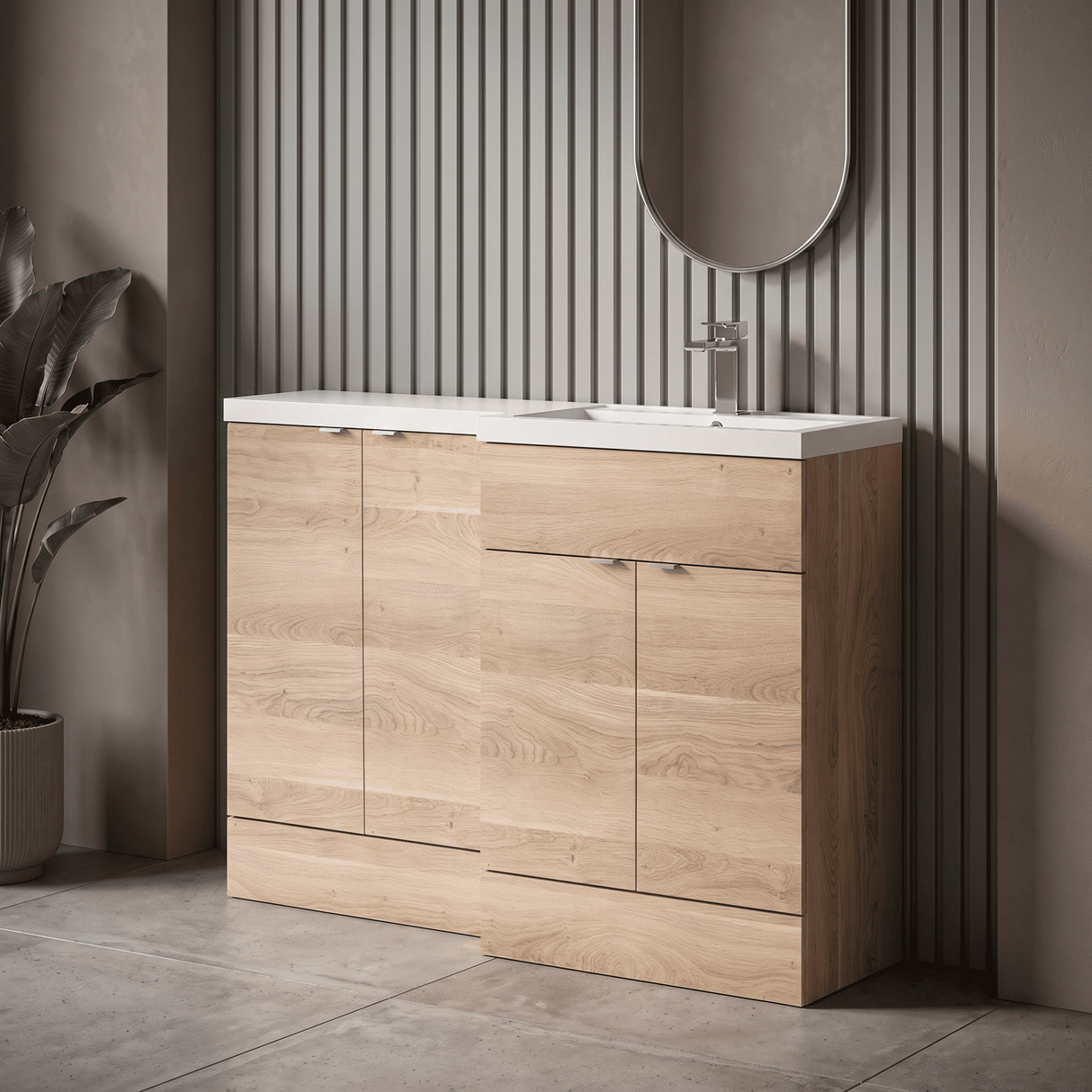 [BFDY3012] Alrewas Contemporary 2 Door Right-Hand Floor Standing Combination Unit with Basin, Bleached Oak, 1200mm - Lifestyle 1