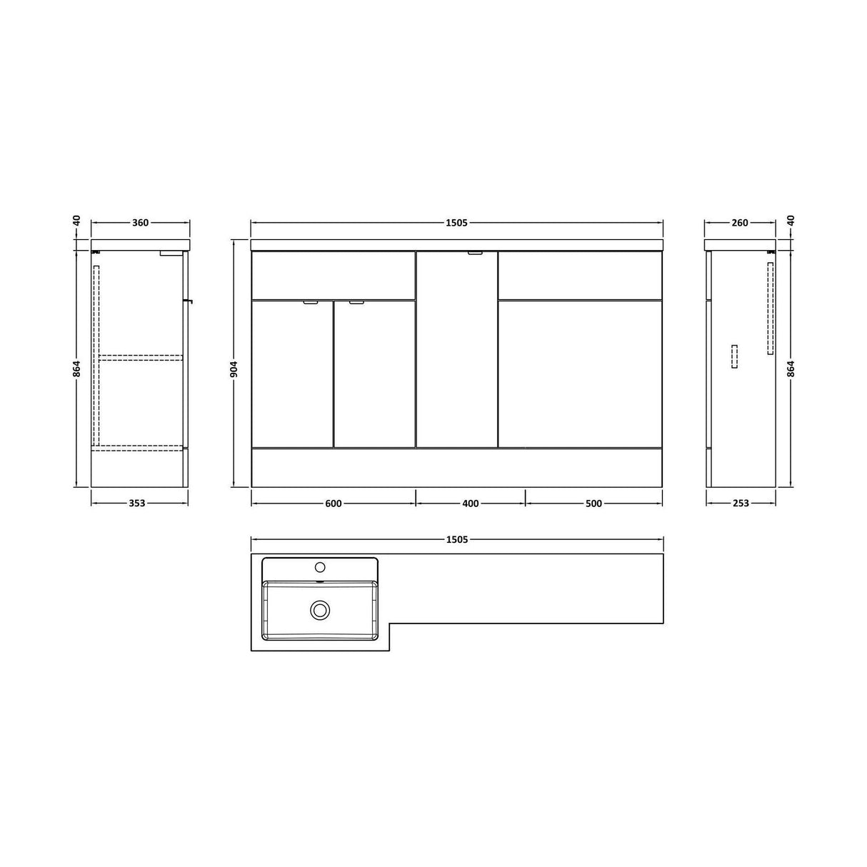 [BFDY3013] Alrewas Contemporary 2 Door Left-Hand Floor Standing Combination Unit with Basin, Bleached Oak, 1500mm - Technical Drawing