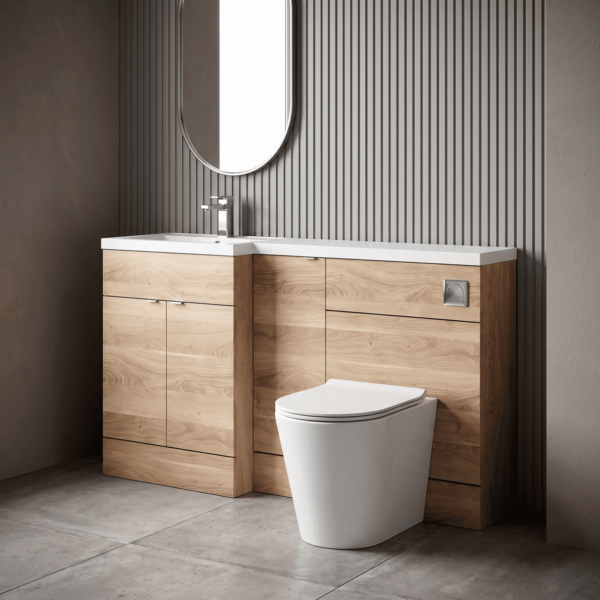 [BFDY3013] Alrewas Contemporary 2 Door Left-Hand Floor Standing Combination Unit with Basin, Bleached Oak, 1500mm - Lifestyle 1