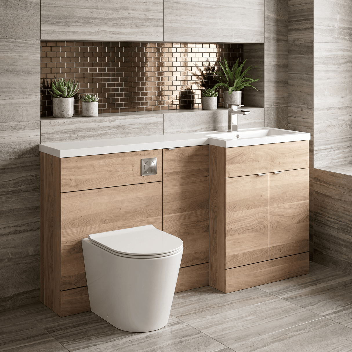 [BFDY3014] Alrewas Contemporary 2 Door Right-Hand Floor Standing Combination Unit with Basin, Bleached Oak, 1500mm - Lifestyle 1