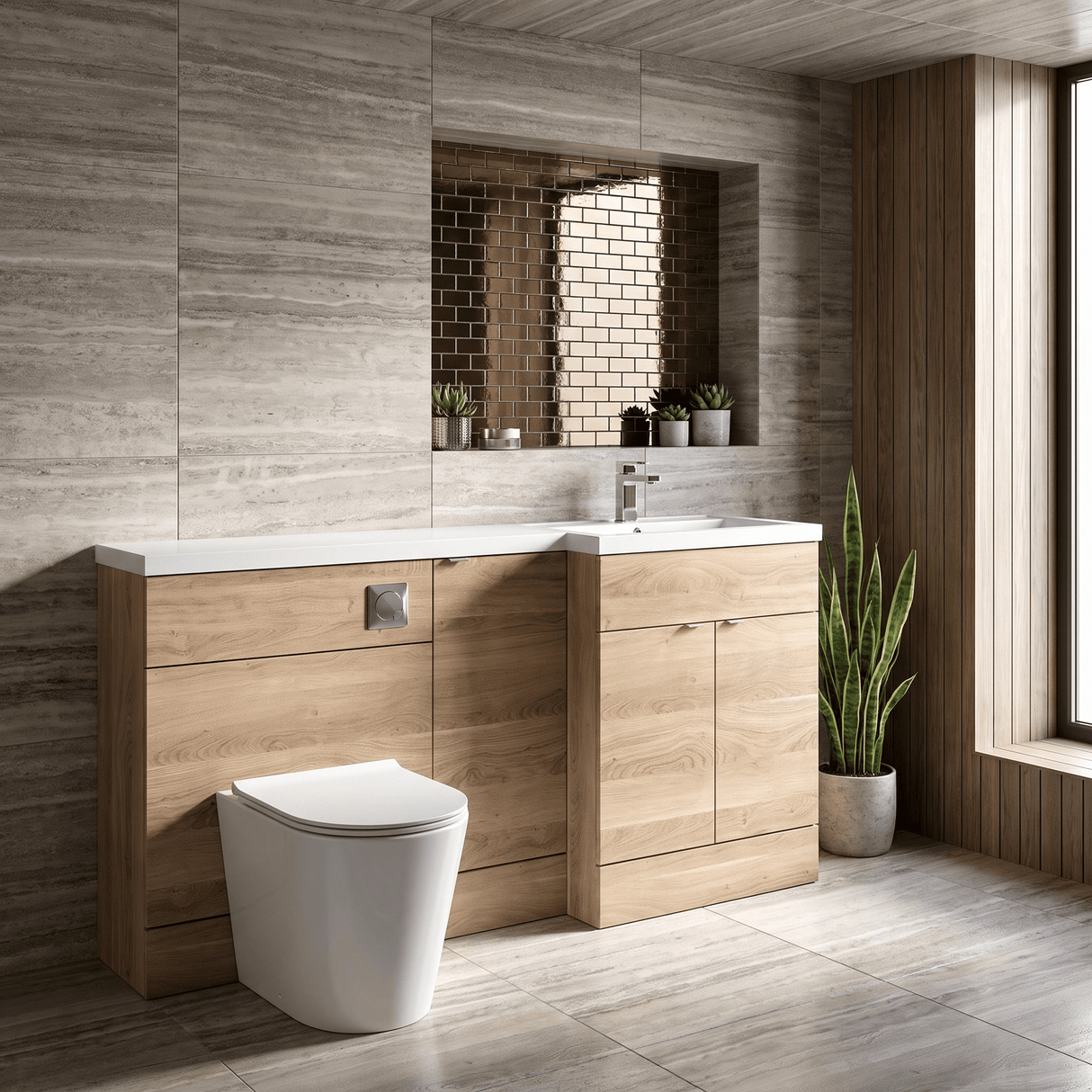 [BFDY3014] Alrewas Contemporary 2 Door Right-Hand Floor Standing Combination Unit with Basin, Bleached Oak, 1500mm - Lifestyle 3