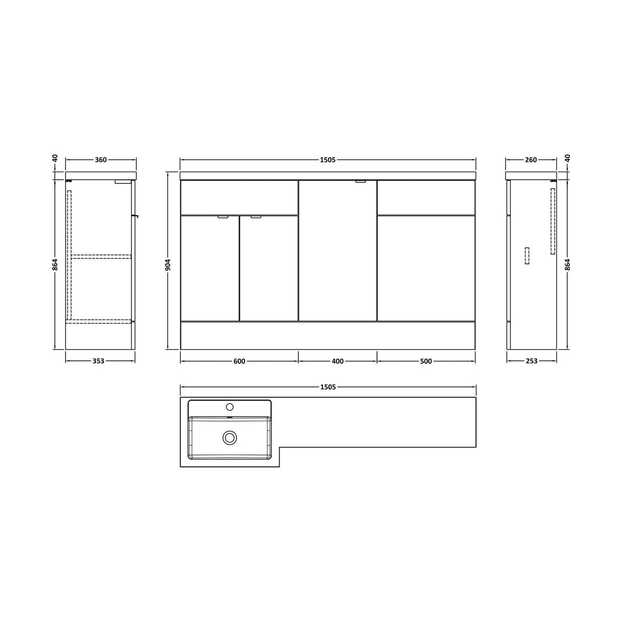 [BFDY3015] Alrewas Contemporary 2 Door Left-Hand Floor Standing Combination Unit with Basin, Bleached Oak, 1500mm - Technical Drawing