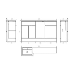 [BFDY3015] Alrewas Contemporary 2 Door Left-Hand Floor Standing Combination Unit with Basin, Bleached Oak, 1500mm - Technical Drawing