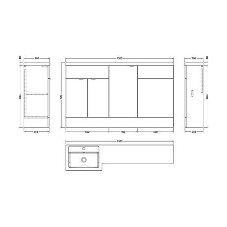 [BFDY3015] Alrewas Contemporary 2 Door Left-Hand Floor Standing Combination Unit with Basin, Bleached Oak, 1500mm - Technical Drawing